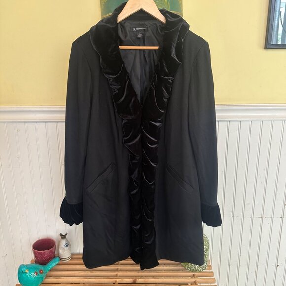 INC International Concepts Black Velvet-Trimmed Coat With Ruffled Collar & Cuffs - Picture 1 of 6